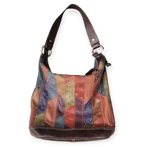 Fossil Patchwork Leather Hobo Bag Y2K Boho Artisan Shoulder Bag Multicolor Studs